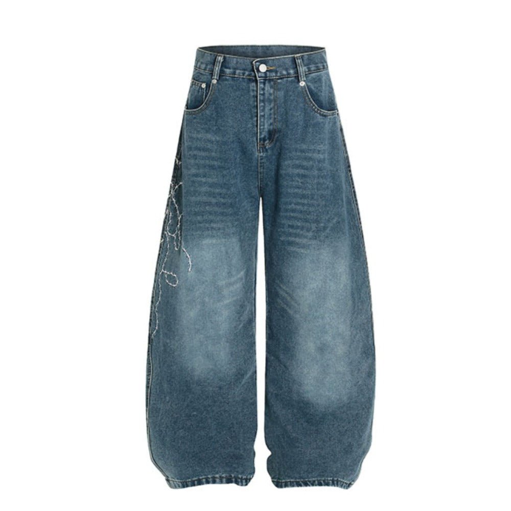 Rose Embroidered Baggy Distressed Jeans - Thrashink