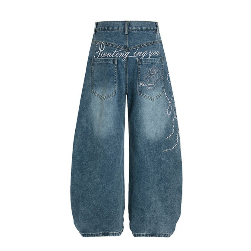 Rose Embroidered Baggy Distressed Jeans - Thrashink
