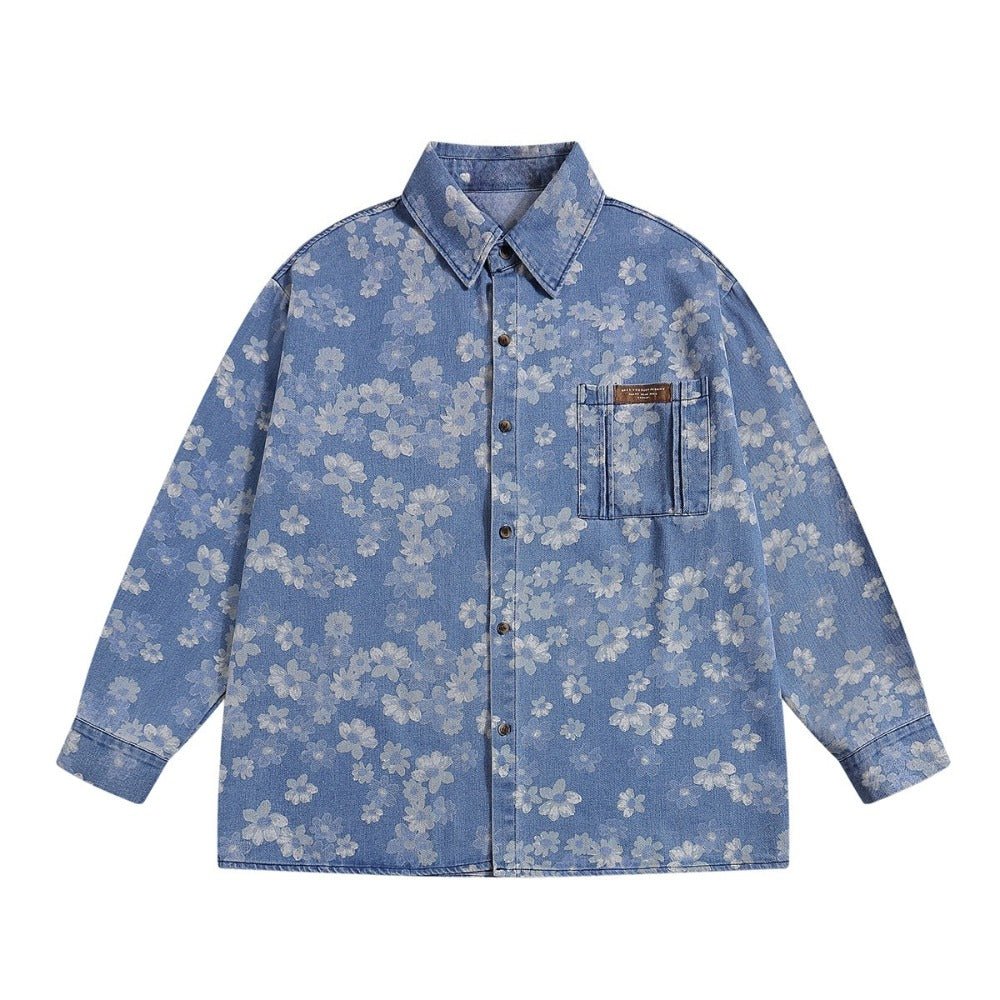 Sakura Blossom Floral Washed Denim Shirt - Thrashink