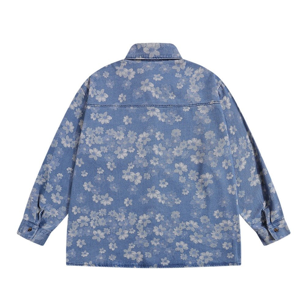 Sakura Blossom Floral Washed Denim Shirt - Thrashink