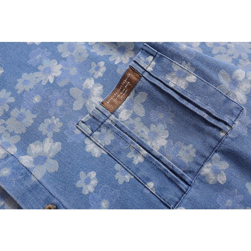 Sakura Blossom Floral Washed Denim Shirt - Thrashink