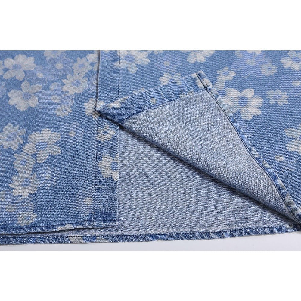 Sakura Blossom Floral Washed Denim Shirt - Thrashink
