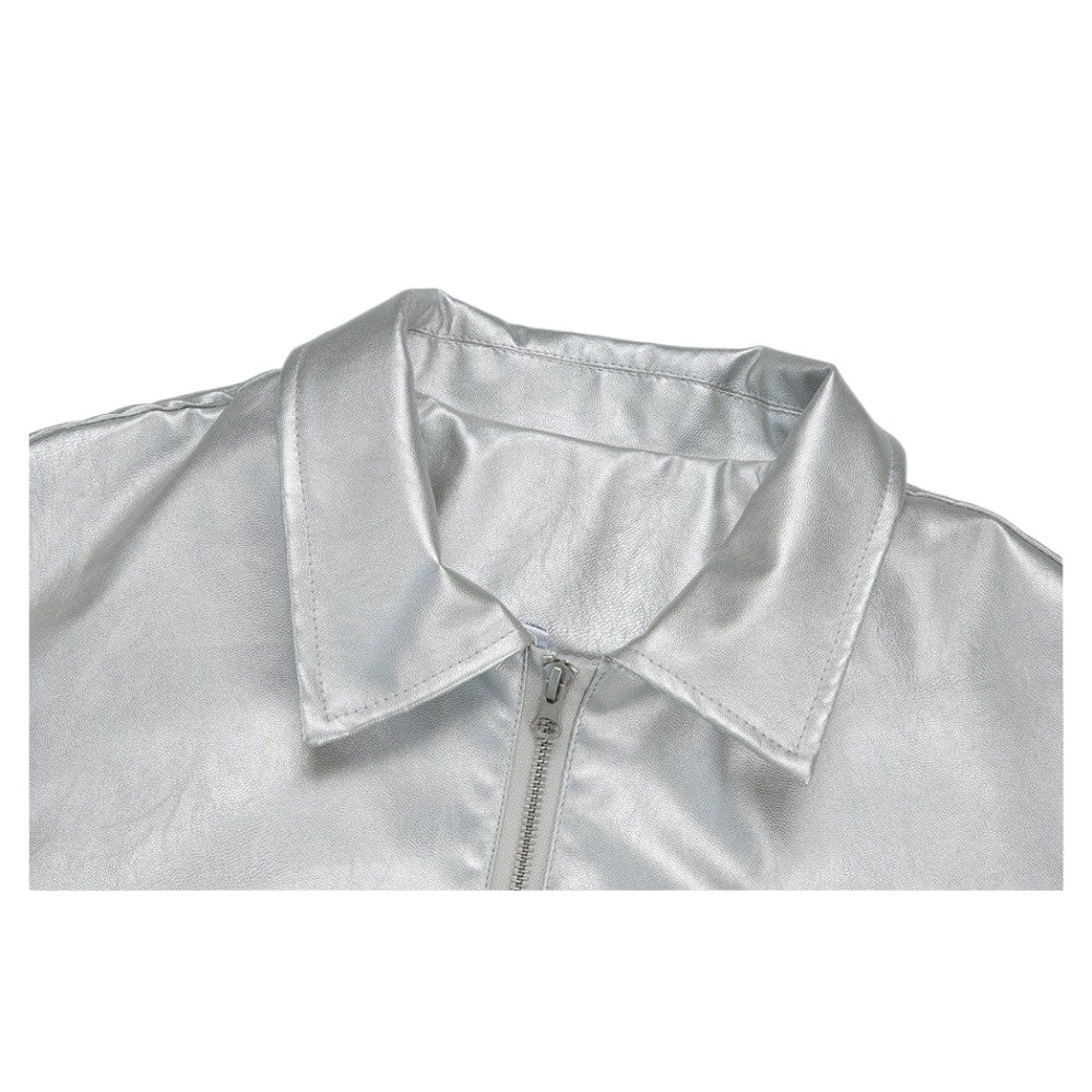 Shiny Lapel Collar PU Leather Jacket - Thrashink