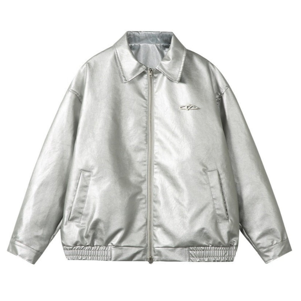 Shiny Lapel Collar PU Leather Jacket - Thrashink