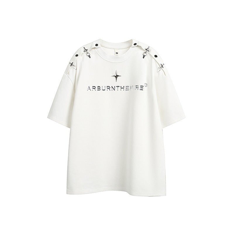Shoulder Buckle Short Sleeve T-Shirt - Thrashink