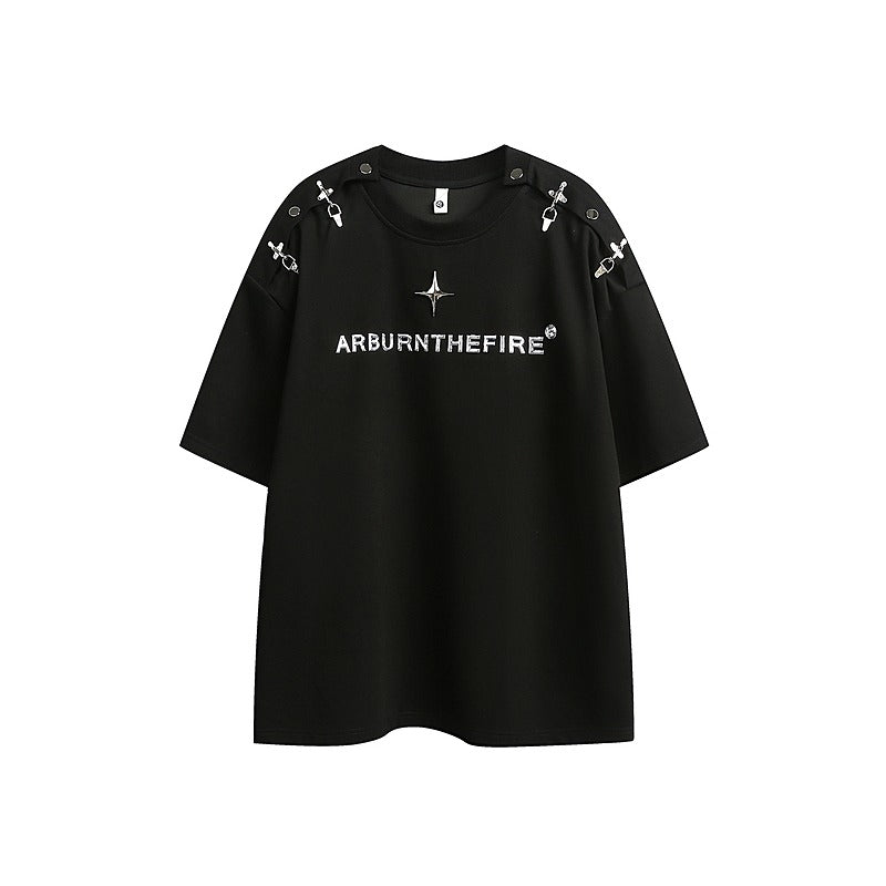 Shoulder Buckle Short Sleeve T-Shirt - Thrashink