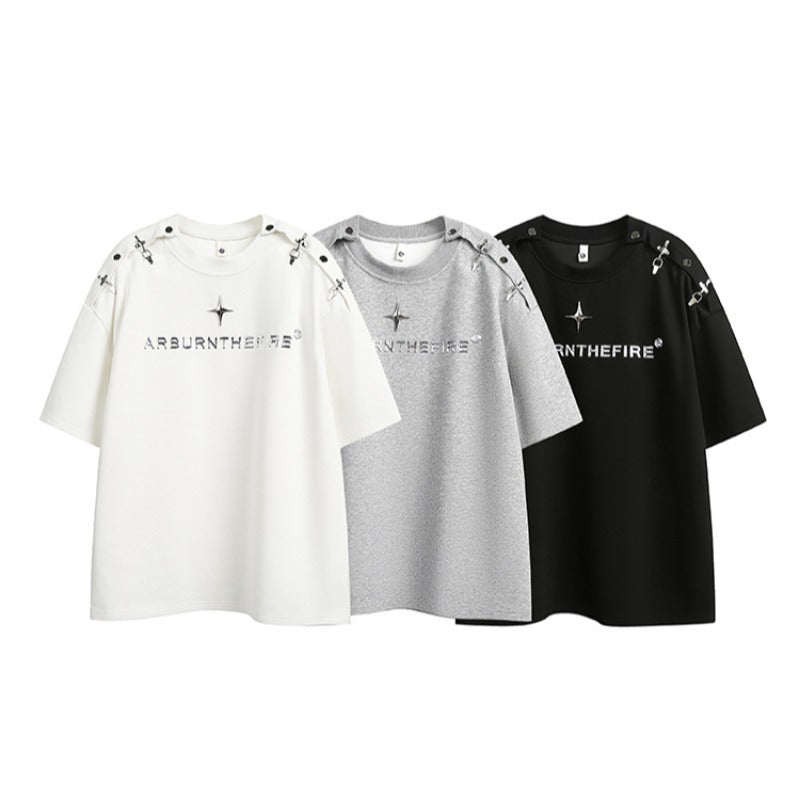 Shoulder Buckle Short Sleeve T-Shirt - Thrashink