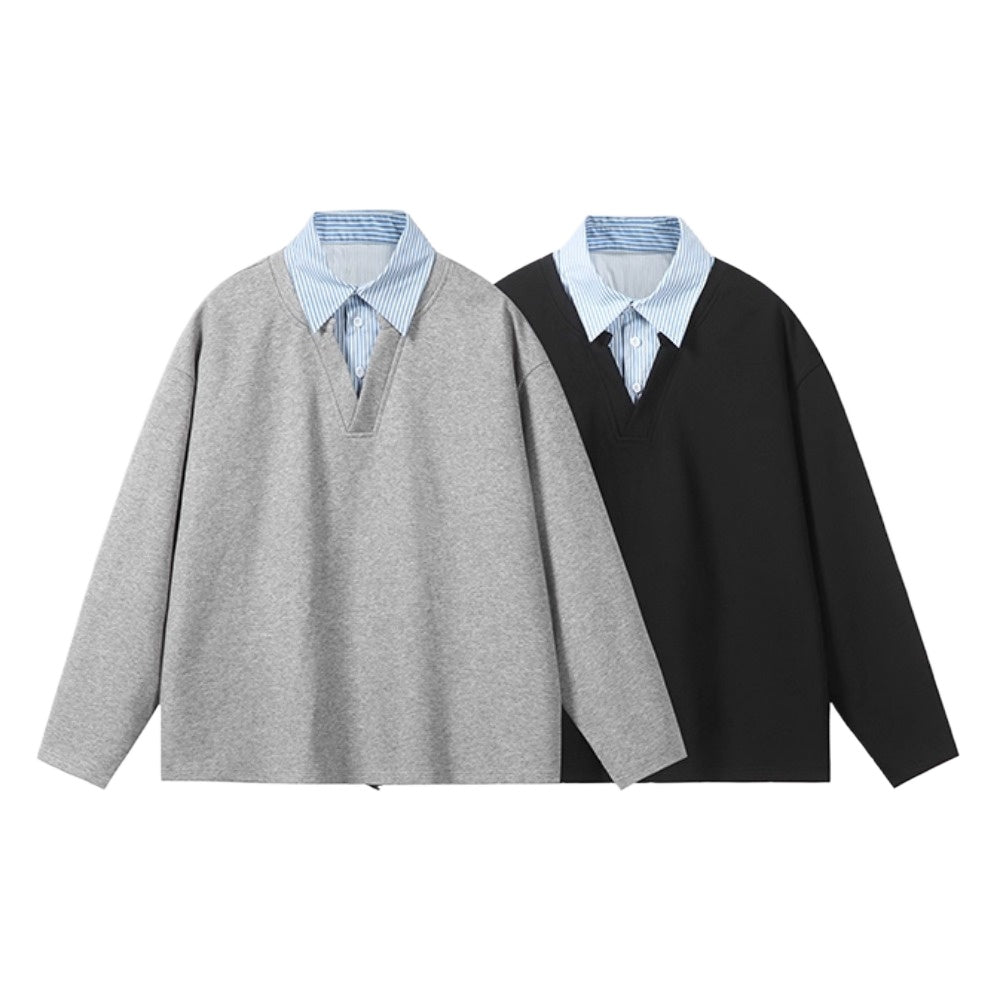 Simple Fake Two Pieces Lapel Sweatshirt - Thrashink