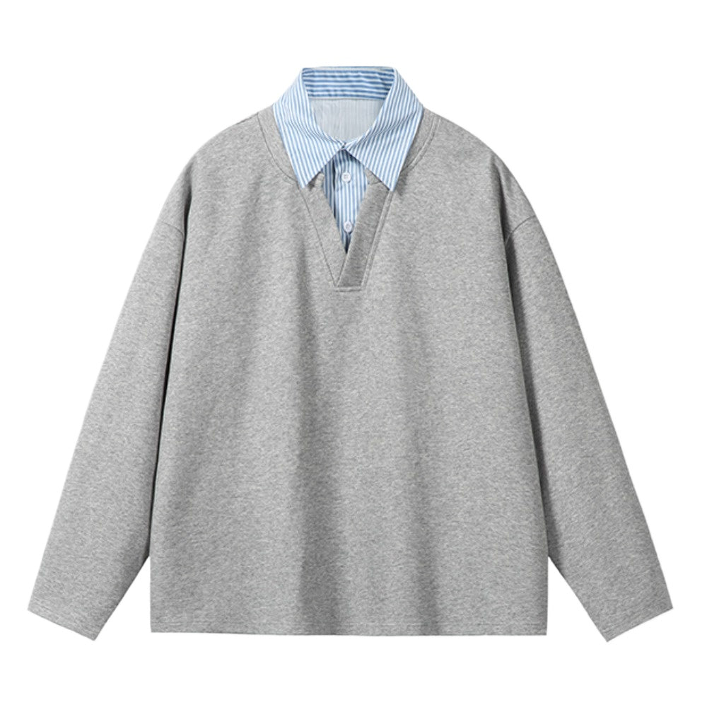 Simple Fake Two Pieces Lapel Sweatshirt - Thrashink