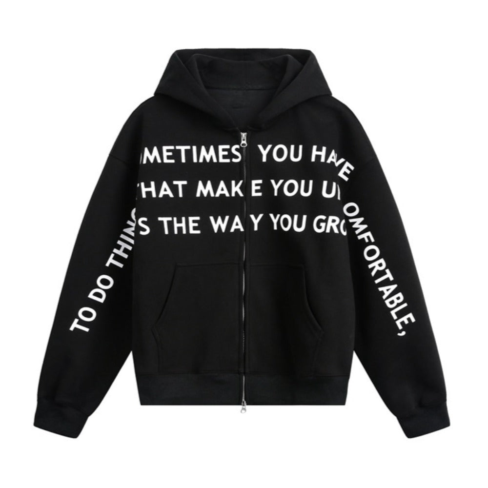 Simple Letter Print Cardigan Hoodie - Thrashink