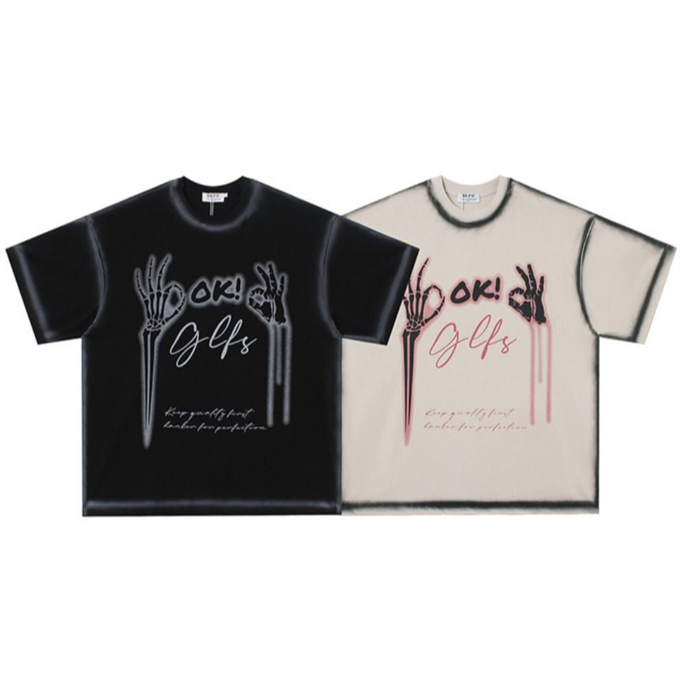 Skeleton OK Sign Drip Print T-Shirt - Thrashink