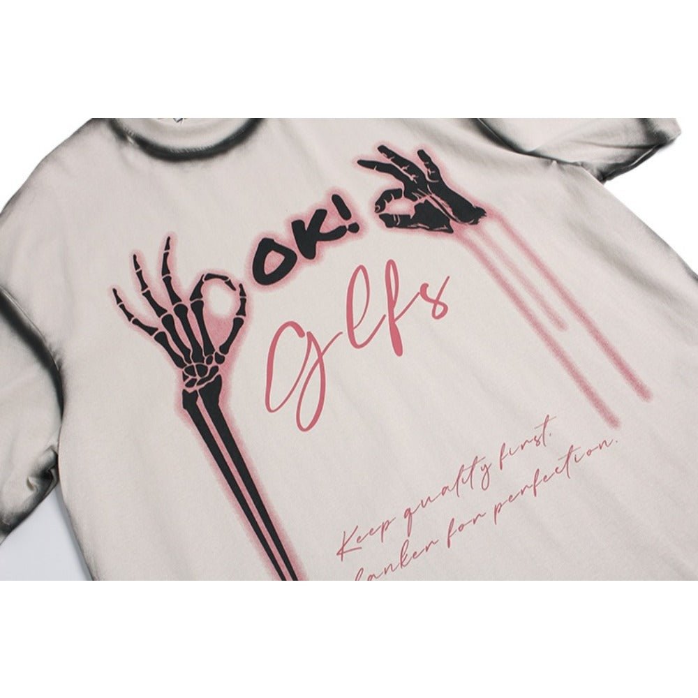 Skeleton OK Sign Drip Print T-Shirt - Thrashink