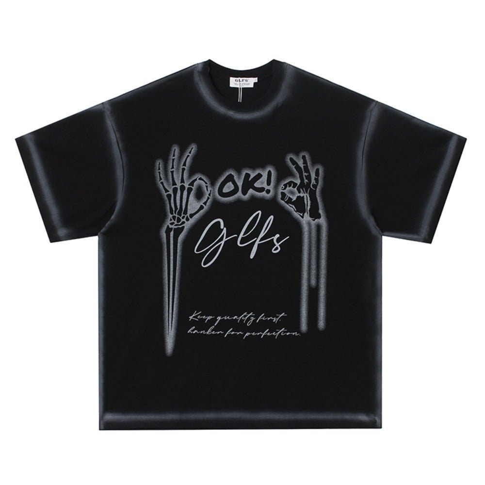 Skeleton OK Sign Drip Print T-Shirt - Thrashink