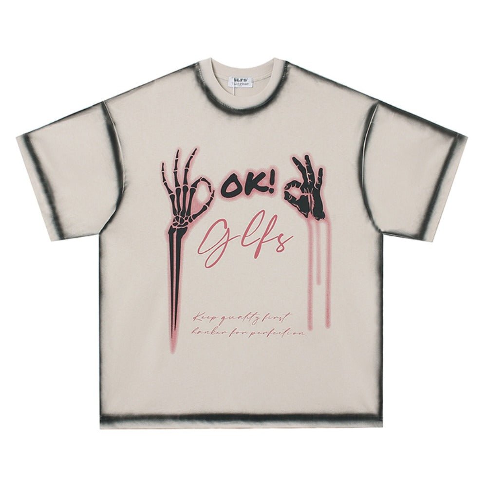 Skeleton OK Sign Drip Print T-Shirt - Thrashink
