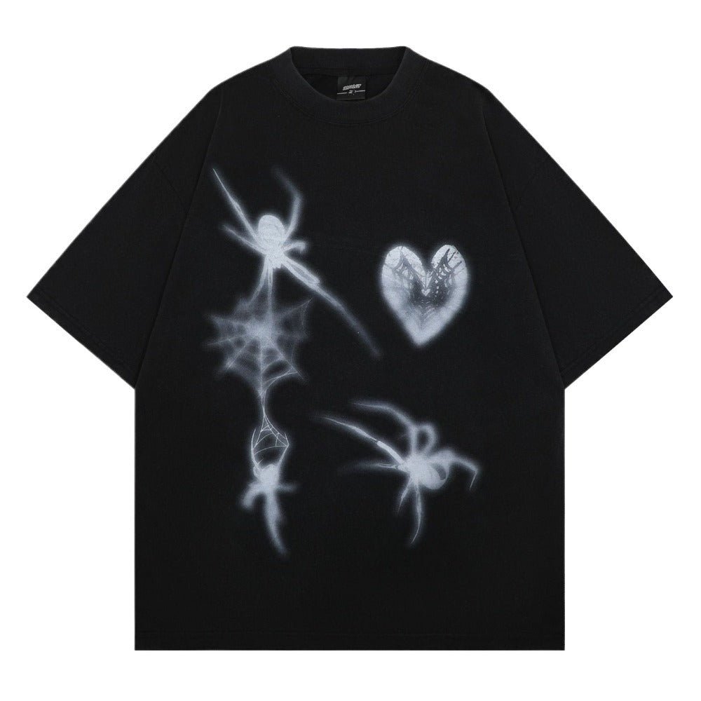 Spider Heart Print Washed Distressed T-Shirt - Thrashink