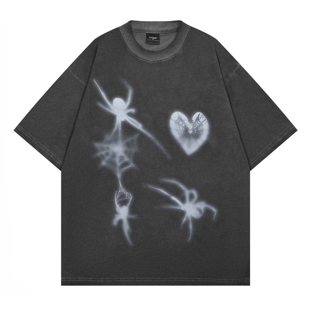 Spider Heart Print Washed Distressed T-Shirt - Thrashink