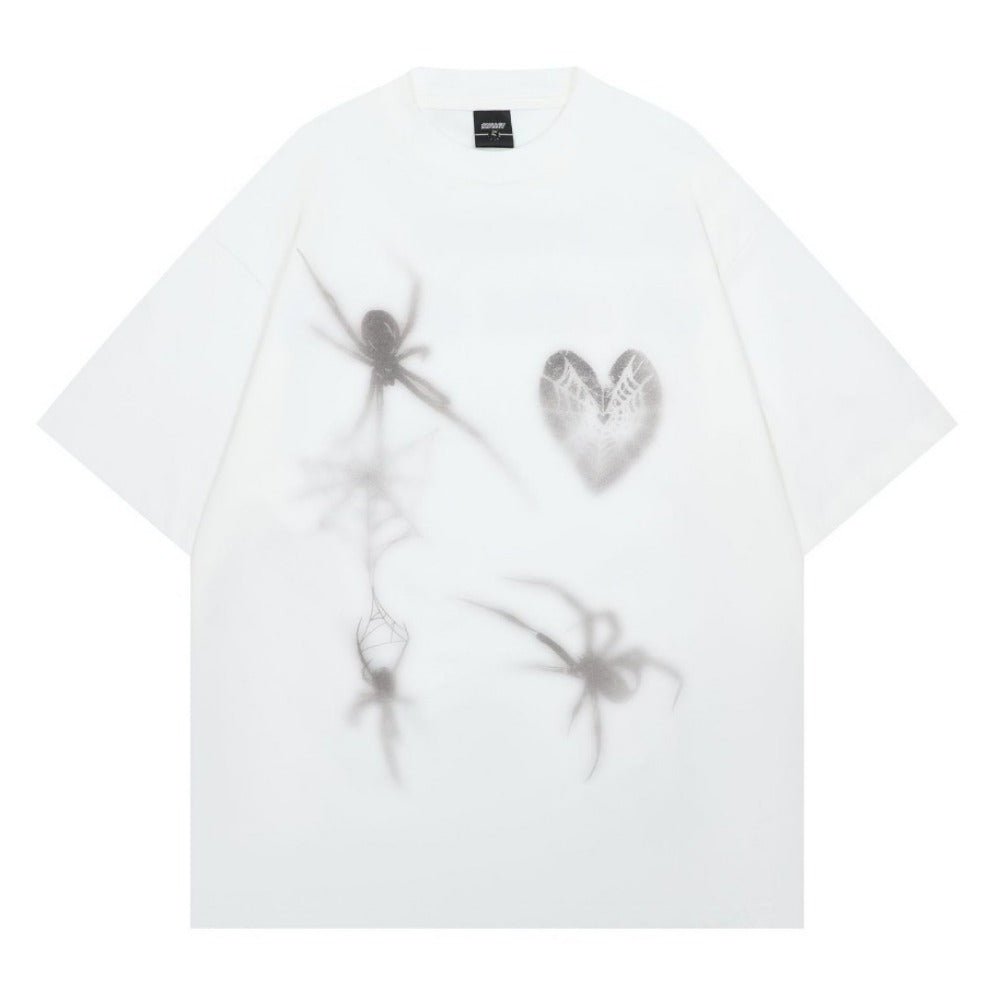 Spider Heart Print Washed Distressed T-Shirt - Thrashink
