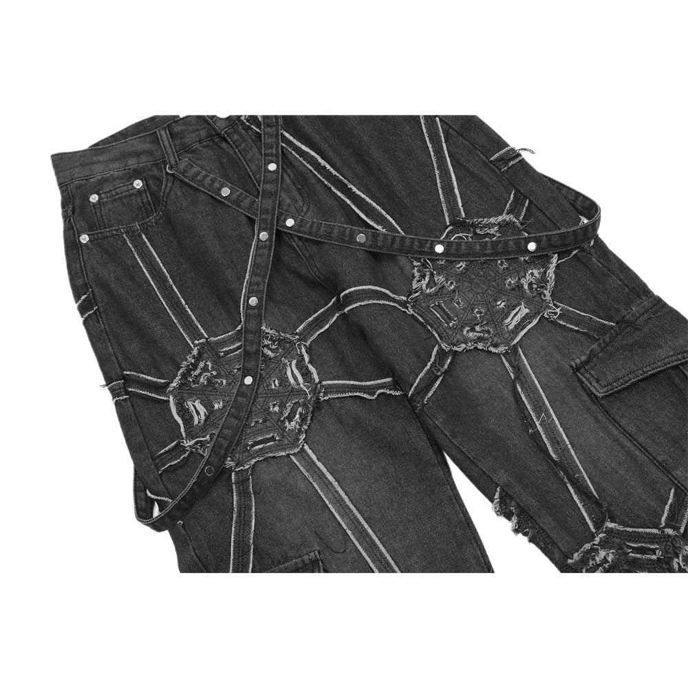 Spider Web Strap Distressed Cargo Jeans - Thrashink