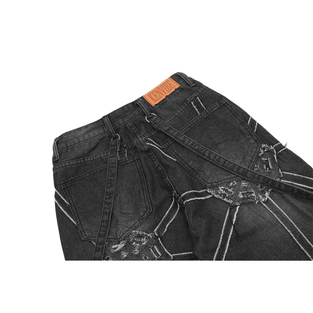 Spider Web Strap Distressed Cargo Jeans - Thrashink