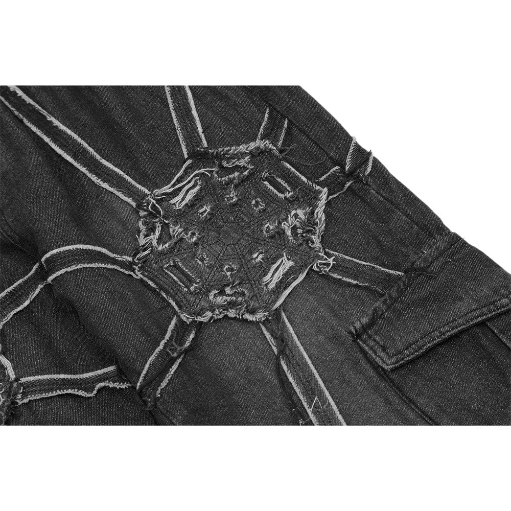 Spider Web Strap Distressed Cargo Jeans - Thrashink