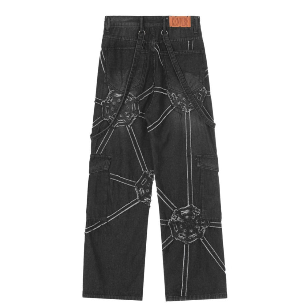 Spider Web Strap Distressed Cargo Jeans - Thrashink