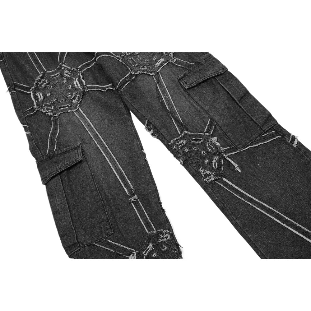 Spider Web Strap Distressed Cargo Jeans - Thrashink