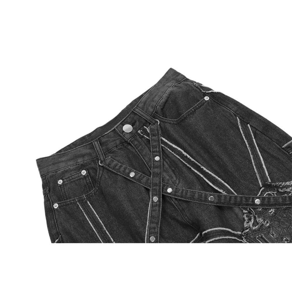 Spider Web Strap Distressed Cargo Jeans - Thrashink