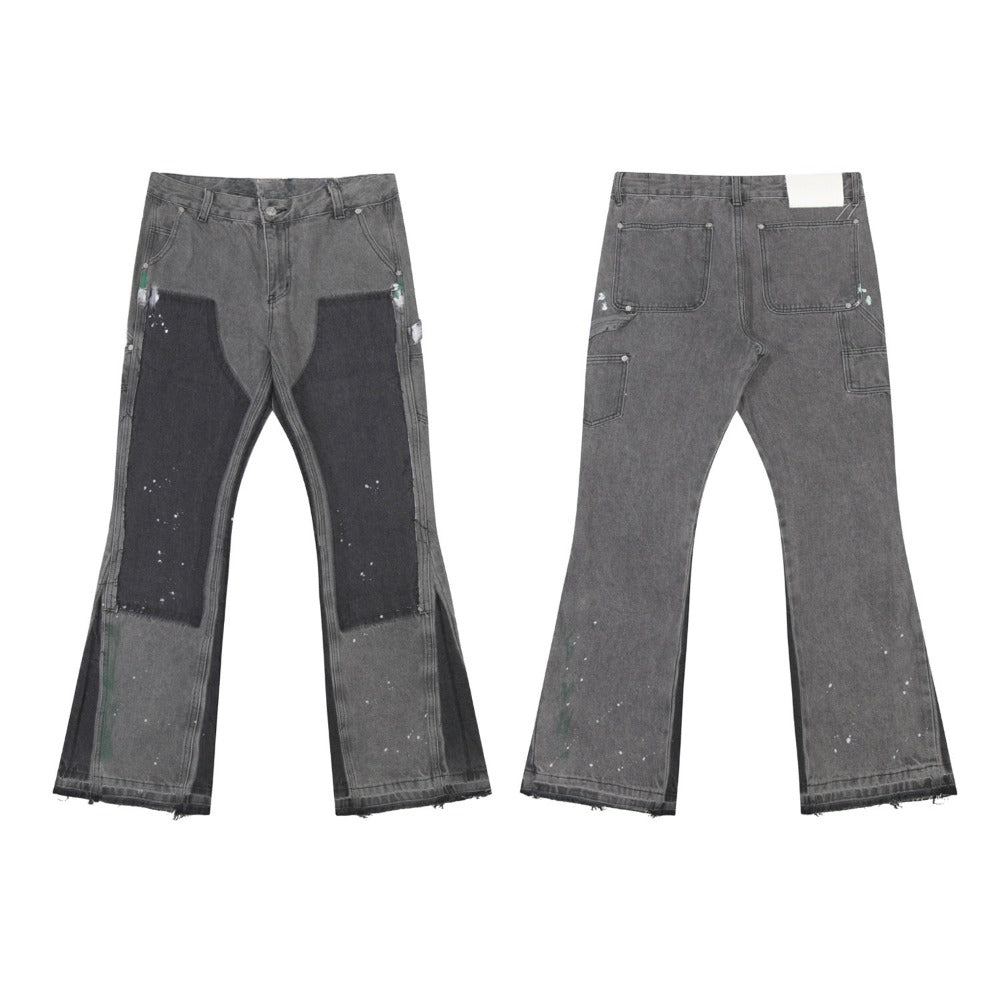 Splatter Painted Patchwork Flared Jeans - Thrashink