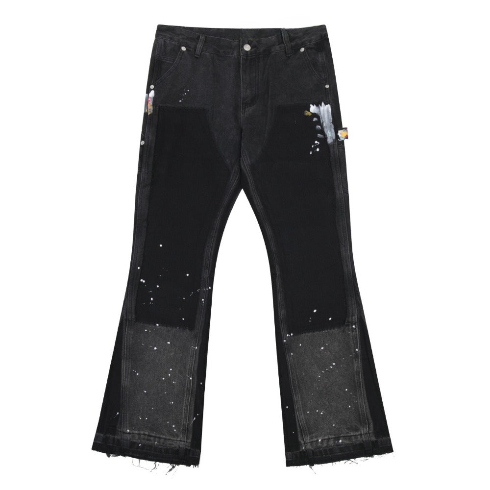 Splatter Painted Patchwork Flared Jeans - Thrashink