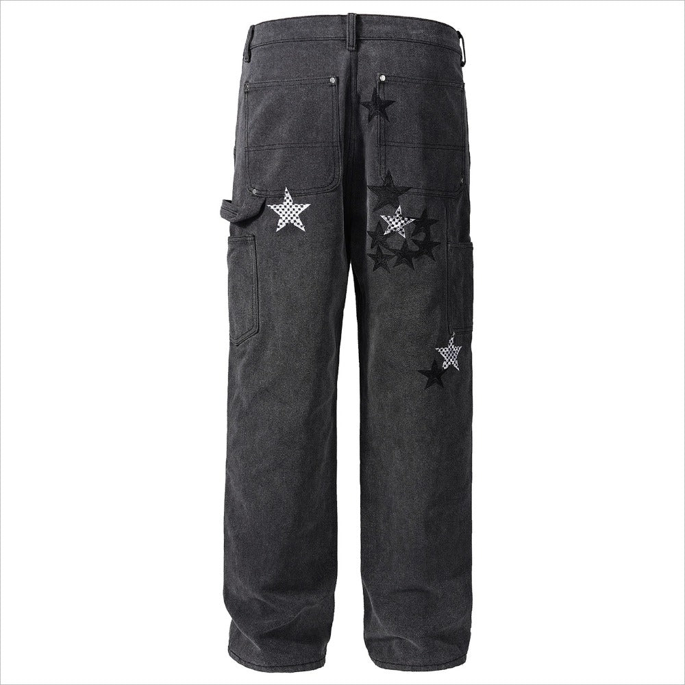 Star Embellished Denim Cargo Pants - Thrashink
