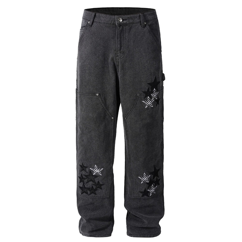 Star Embellished Denim Cargo Pants - Thrashink