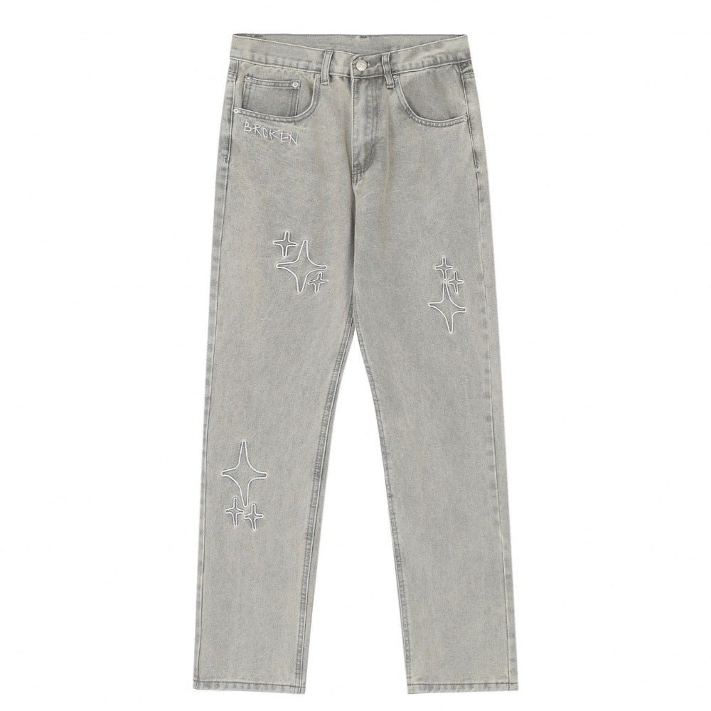 Star Embroidered Washed Jeans - Thrashink
