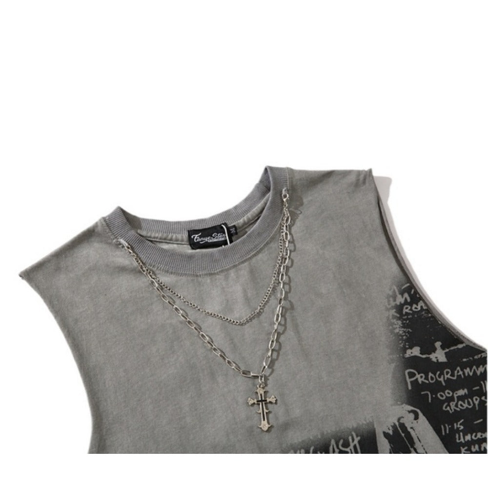 Star Graffiti Print Ripped Tank Top - Thrashink