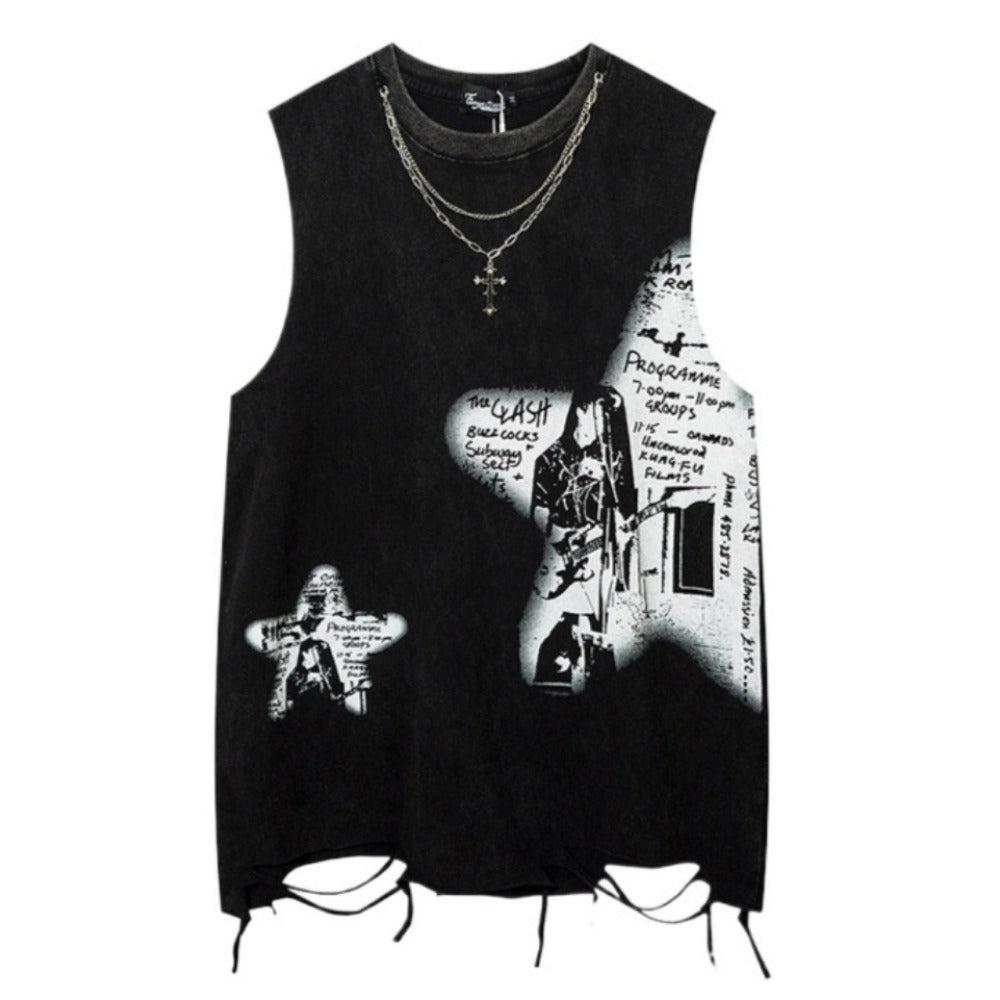 Star Graffiti Print Ripped Tank Top - Thrashink