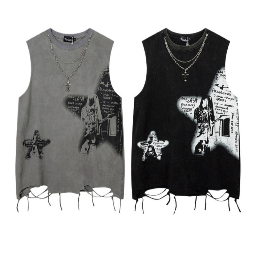 Star Graffiti Print Ripped Tank Top - Thrashink