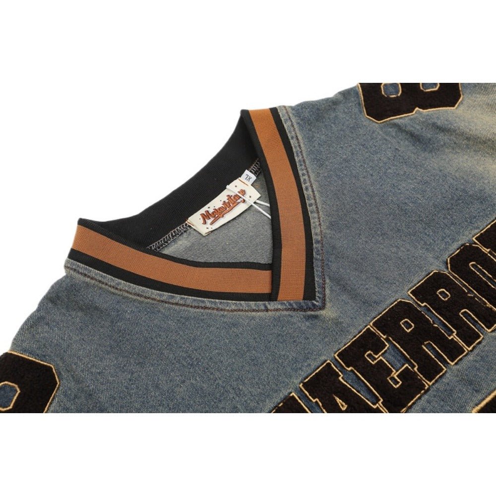 Star Letters Flock Printing Denim Hoodie - Thrashink