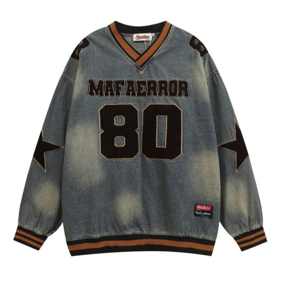 Star Letters Flock Printing Denim Hoodie - Thrashink