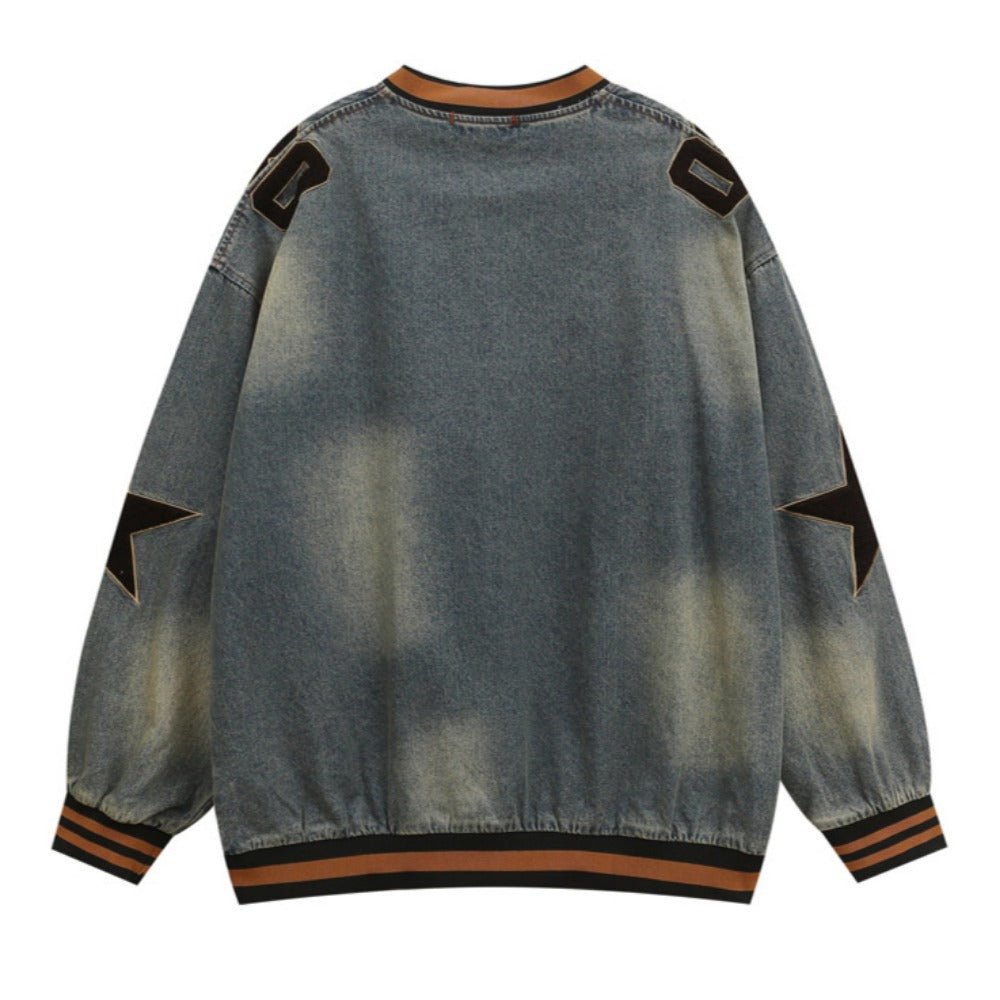 Star Letters Flock Printing Denim Hoodie - Thrashink