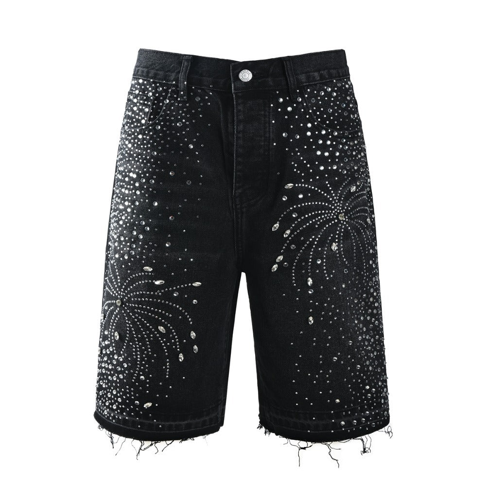 Starry Rhinestone Firework Denim Shorts - Thrashink