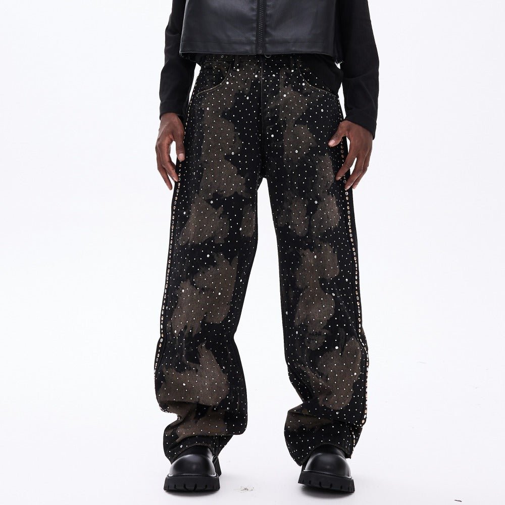 Starry Rhinestone Studded Wide - Leg Jeans - Thrashink