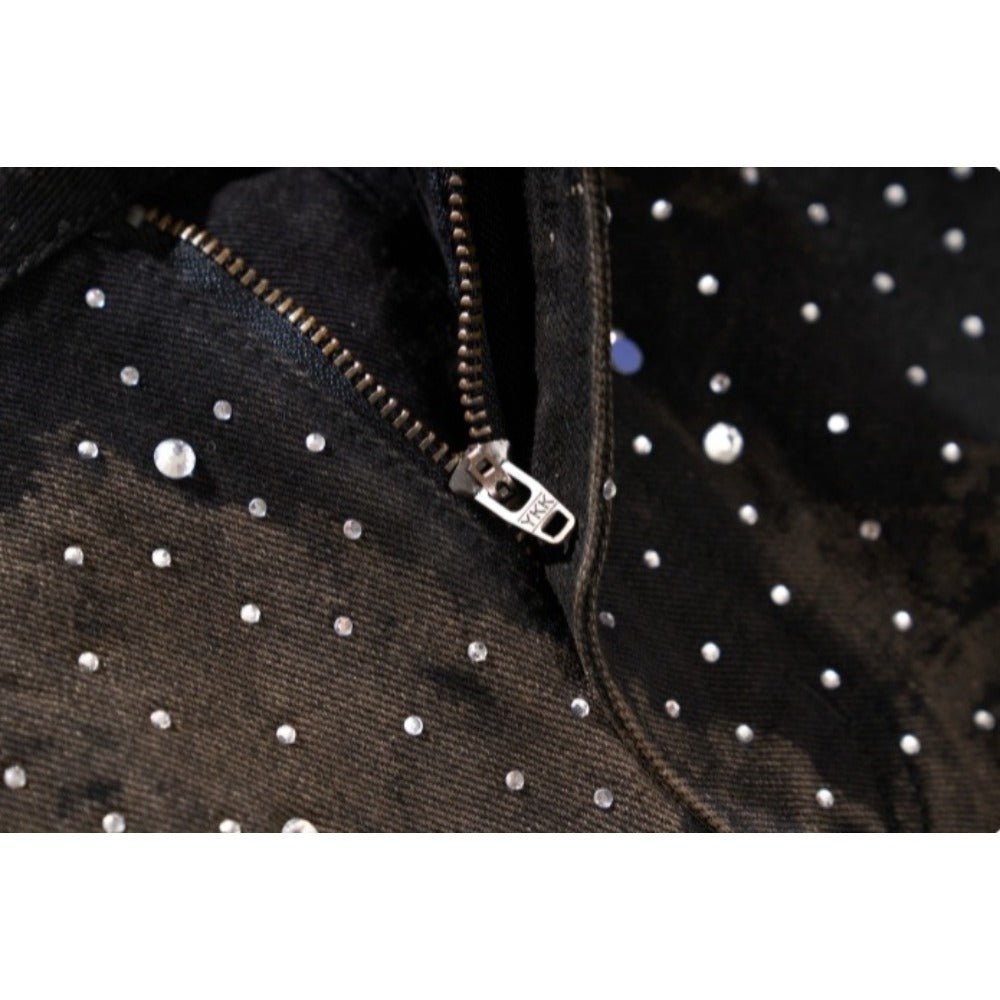 Starry Rhinestone Studded Wide - Leg Jeans - Thrashink