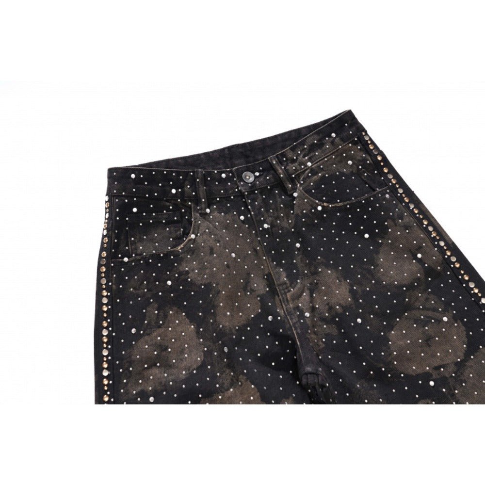 Starry Rhinestone Studded Wide - Leg Jeans - Thrashink