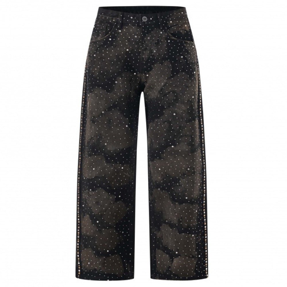 Starry Rhinestone Studded Wide - Leg Jeans - Thrashink