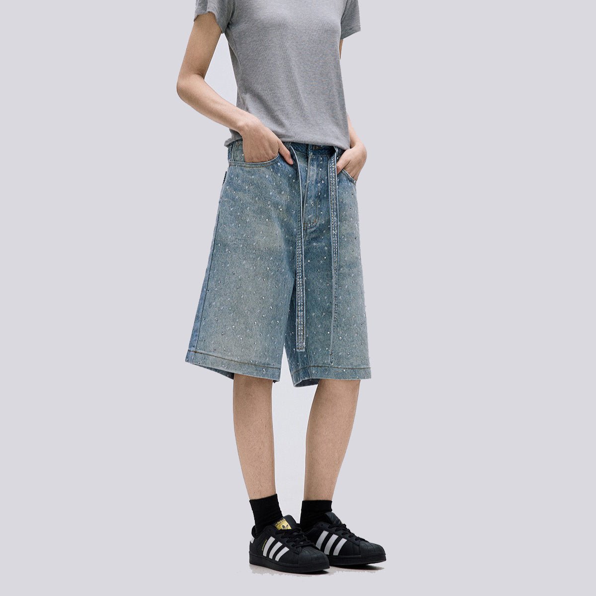 Starry Sky Rhinestone Belt Denim Shorts - Thrashink