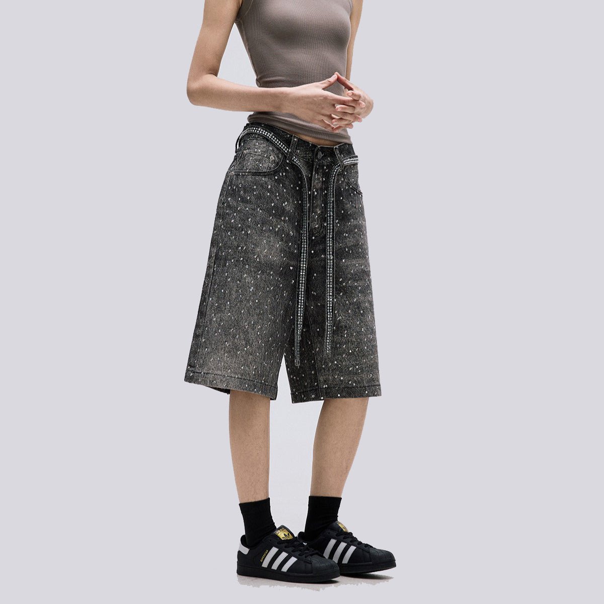 Starry Sky Rhinestone Belt Denim Shorts - Thrashink