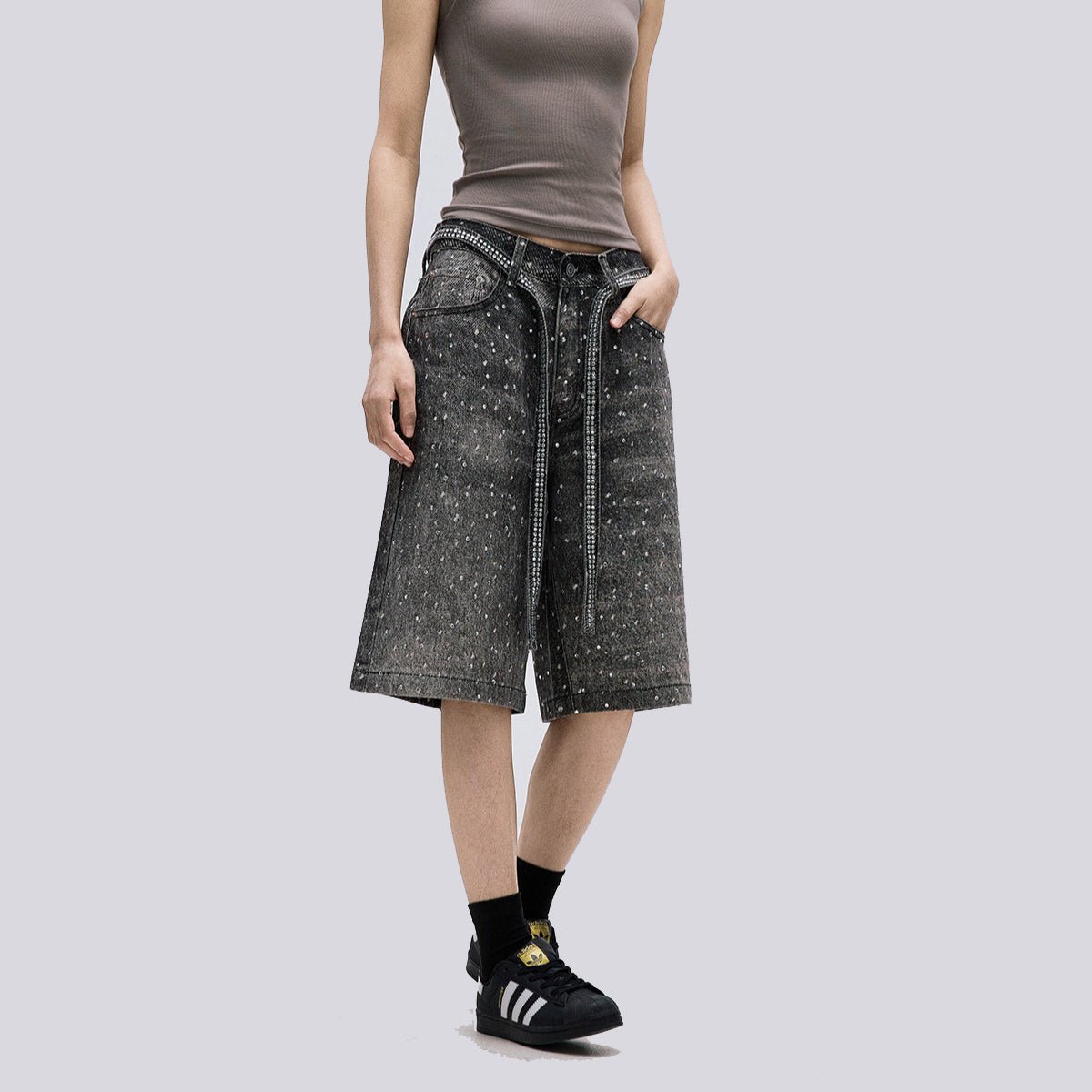 Starry Sky Rhinestone Belt Denim Shorts - Thrashink