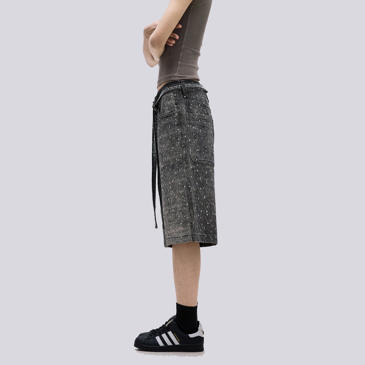 Starry Sky Rhinestone Belt Denim Shorts - Thrashink