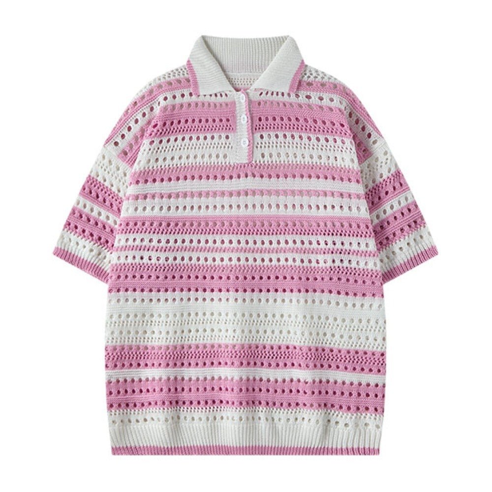 Stripe Hollow Knit Polo Shirt - Thrashink