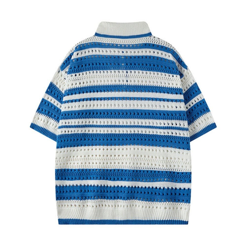 Stripe Hollow Knit Polo Shirt - Thrashink