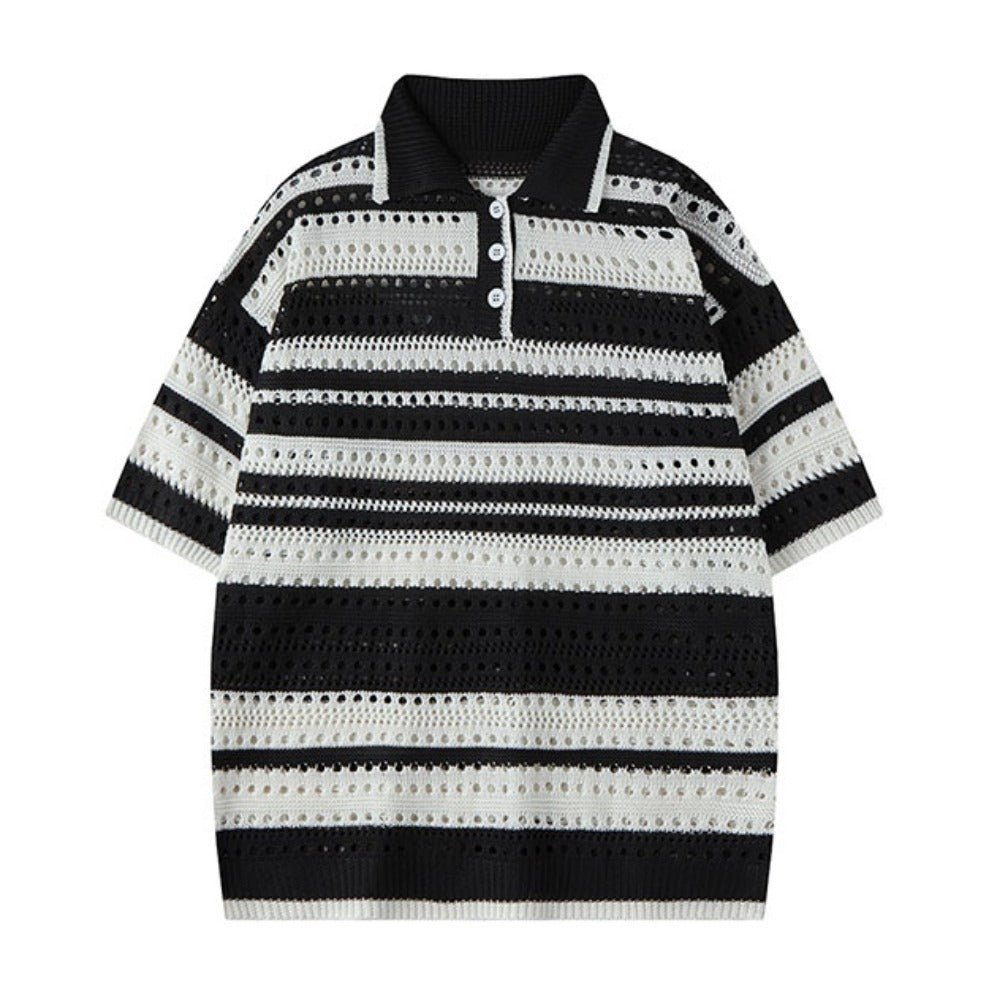 Stripe Hollow Knit Polo Shirt - Thrashink